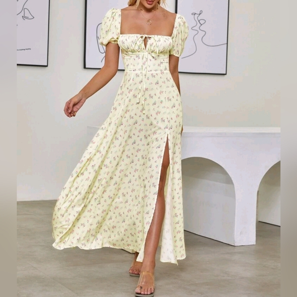New Floral Milkmaid Tie Maxi Dress Ruched Yellow Pink Green